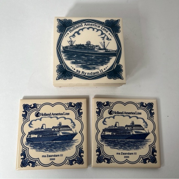 Delft Blue Tile Coasters Holland America Line Set Of 7 Ceramic Cork Vintage - Picture 4 of 16